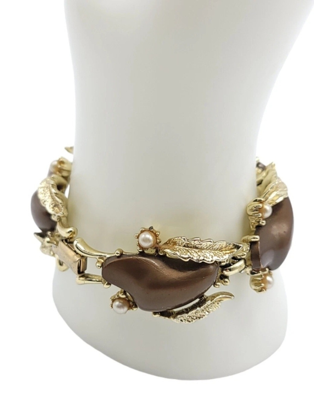 Chunky CORO Bronze Thermoset Lucite & Faux Pearl Bracelet Signed Vintage